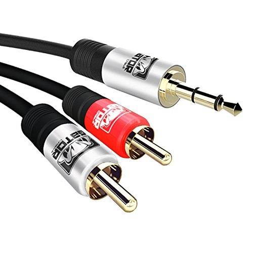 GATOR CABLE AUX to 2 RCA cable - SILVER/RED-SILVER - 15 FT - Gold Plated Connectors - Auxiliary 3.5mm Audio Plug Stereo Phone Cable Cord