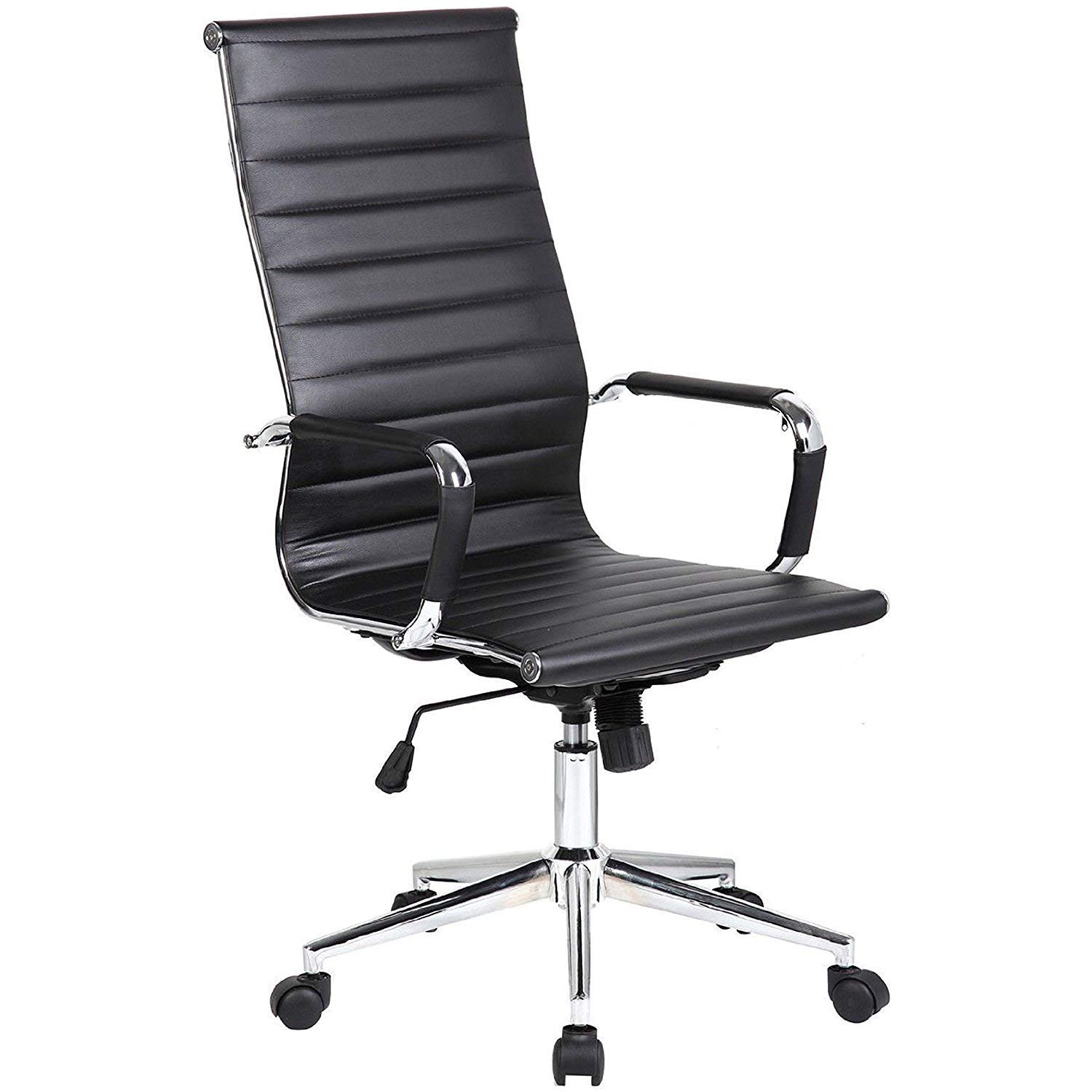 Chelsea Leather Seat Office Chair in PU Leather with Paddle Control, Swivel, Tilt Locking Lever, Ribbed High Back for Tall People, Polished Chromed Steel Frame, Aluminum Arms and Base - BLACK COLOR