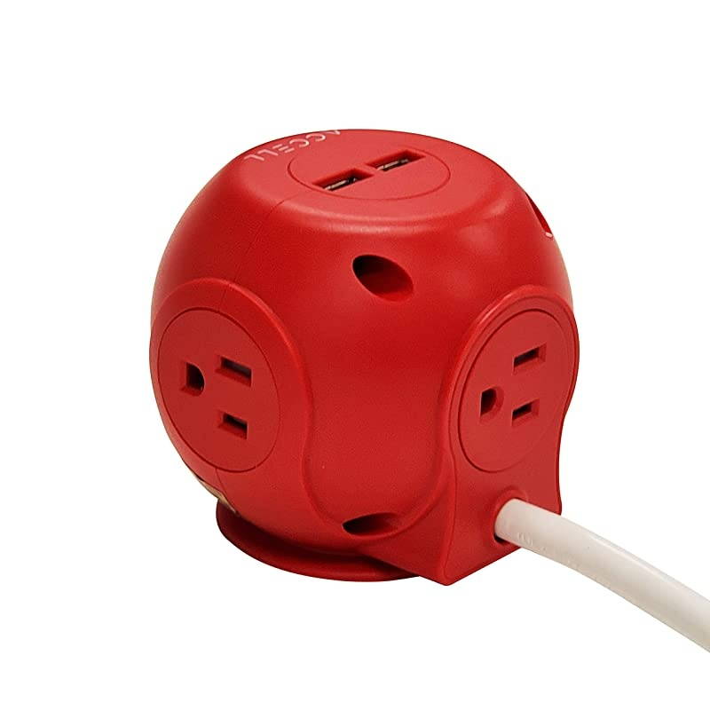 Power Cutie Compact Surge Protector with 3 Tamper Resistant 540J Surge Protected AC outlets and 4 USBA Charging Ports 6ft Cord Red