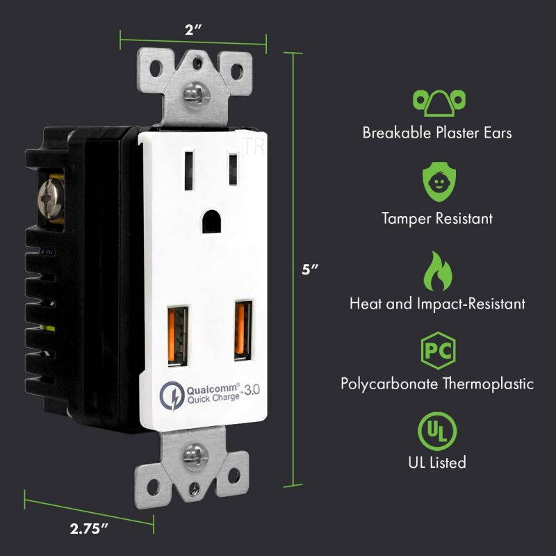 TOPGREENER 36W Quick Charge 3.0 USB Wall Outlet, Compatible with Samsung S9/S8/S7 Note 9/8/7, iPhone XS/MAX/XR/X/8/7, LG Nexus, HTC 10 & Other smarthphones, UL Listed, TU1152QC3, White