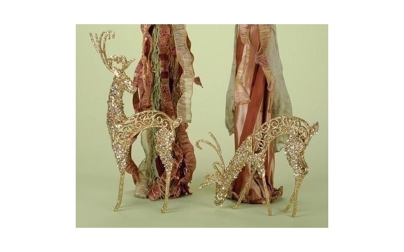 Roman Set of 2 Winter's Beauty Gold Glitter Reindeer Christmas Figures