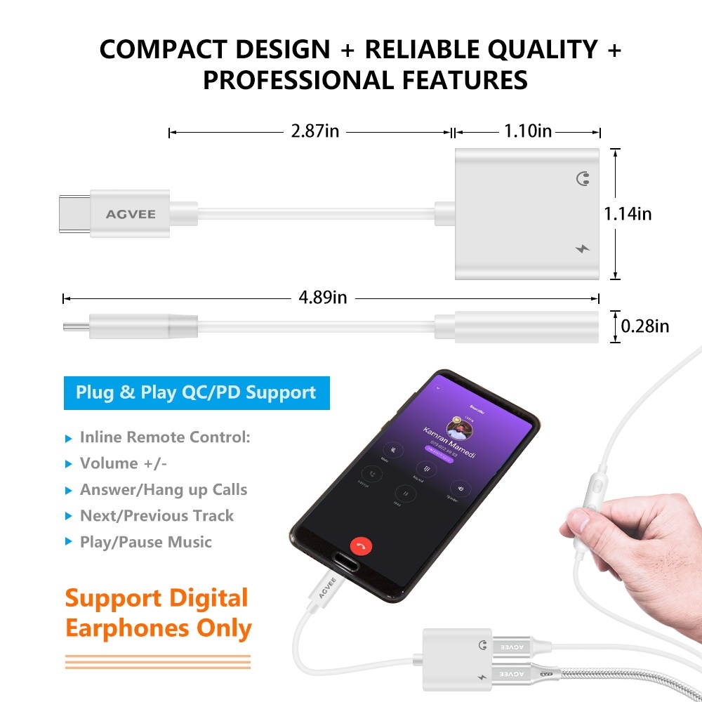 AGVEE Dual USB-C Headphone & Charging Adapter, Type-C Earbud Splitter, Duo USBC Audio & Charger Jack Earphone Dongle for Samsung S21 S20 FE 5G Ultra, Note 20 10, iPad Pro, Pixel 2 3 4 5 XL, Gray