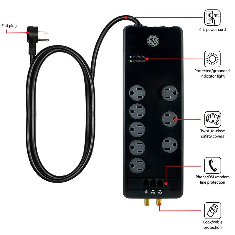 Pro Sur Protector 8 Outlet Power Strip 4ft Extension Cord 3 PhoneDslModem Line Ports 2 CableCoax Ports 3 Extra Wide Adapter Spaced Outlets Flat Plug 2100 Joules Black 14095
