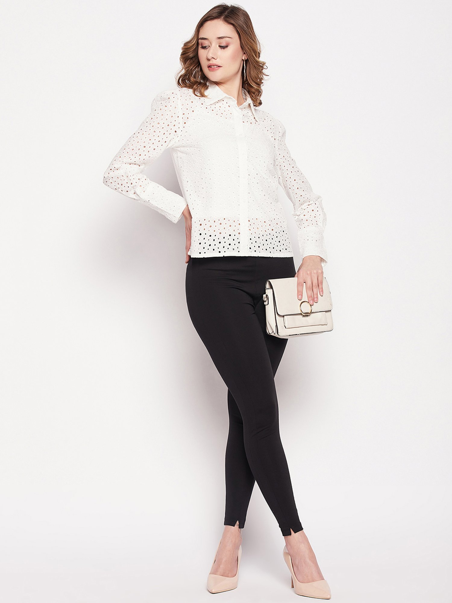 Camla by MADAME White Cotton Self Design Shirt