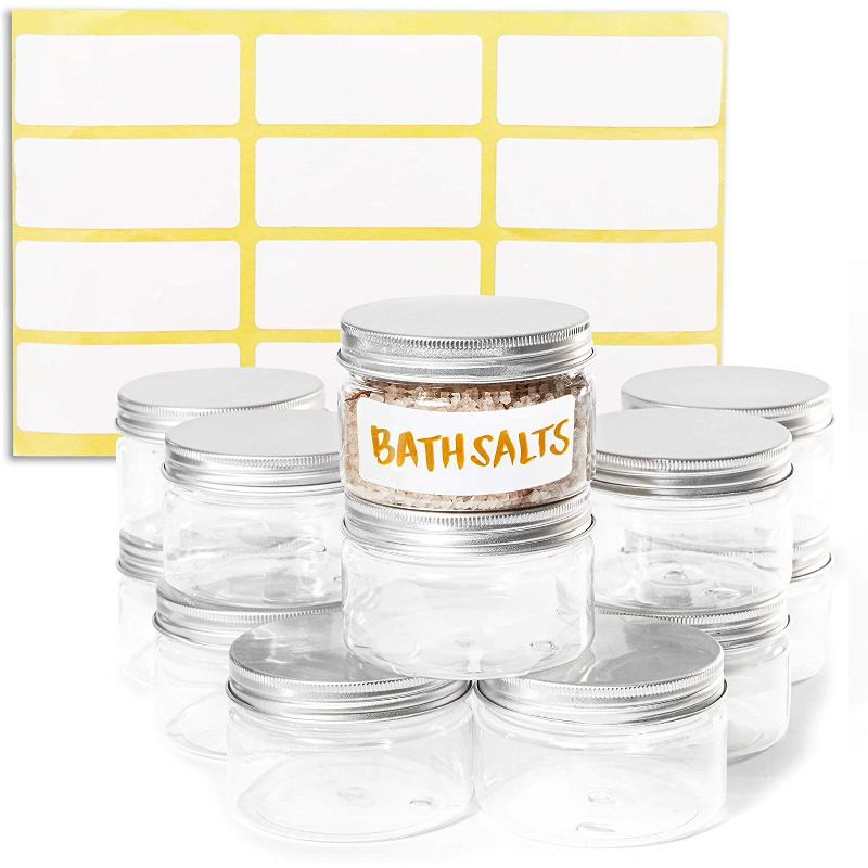 Juvale 12 Pack Round Plastic Glass Jars with Metal Lids, 4oz Clear Food Storage Containers with Label Stickers for Spice, Powder and Cooking Oil