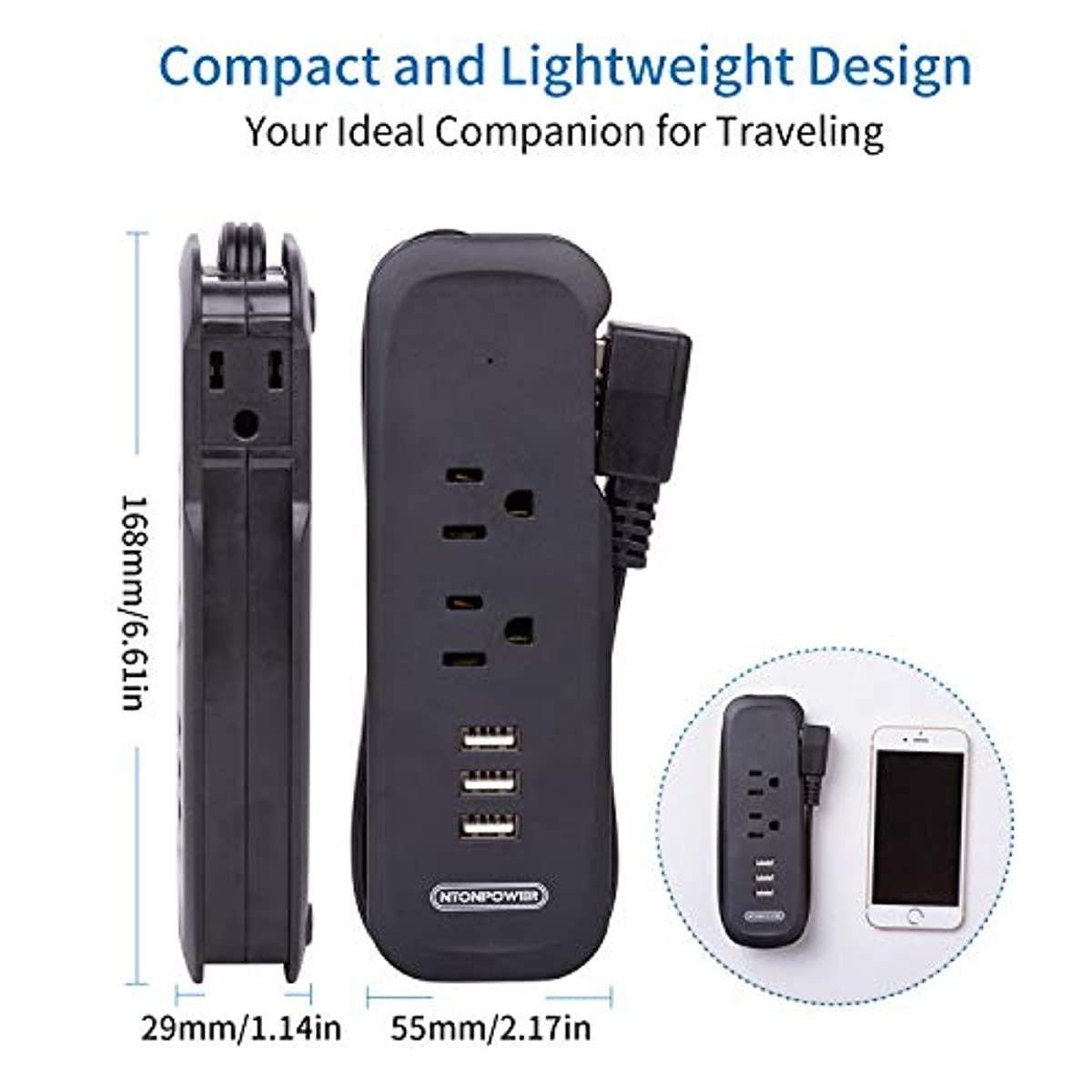 Power Strip with USB 2 Pack - NTONPOWER Travel Power Strip, 2 Outlets and 3 USB Portable Desktop Charging Station, 15 inches Wrapped Short Extension Cord, Compact for Cruise Ship, Nightstand and Hotel