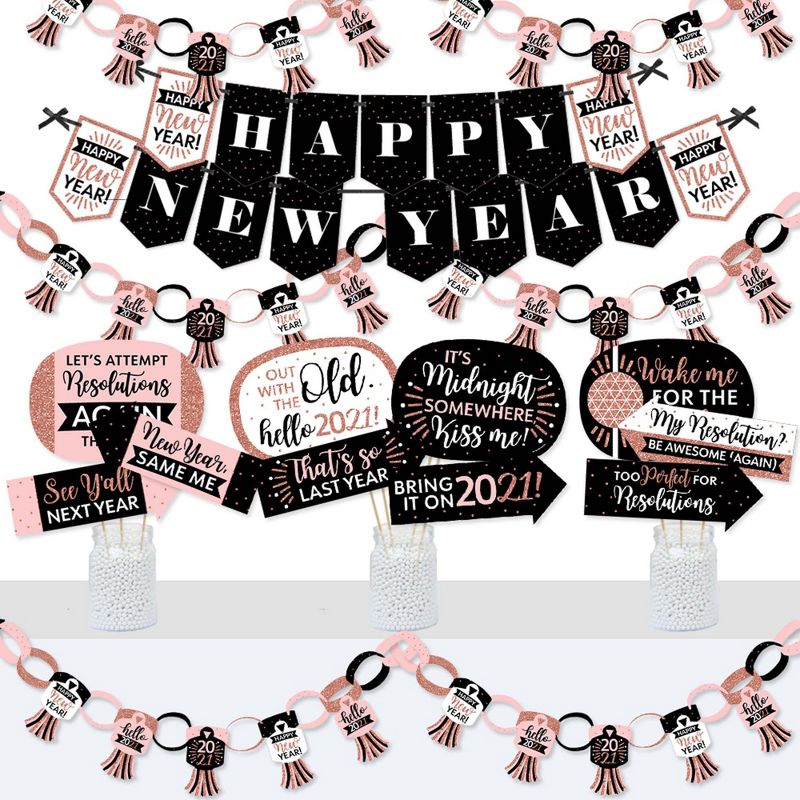 Big Dot of Happiness Rose Gold Happy New Year - Banner and Photo Booth Decorations - 2021 New Year's Eve Party Supplies Kit - Doterrific Bundle