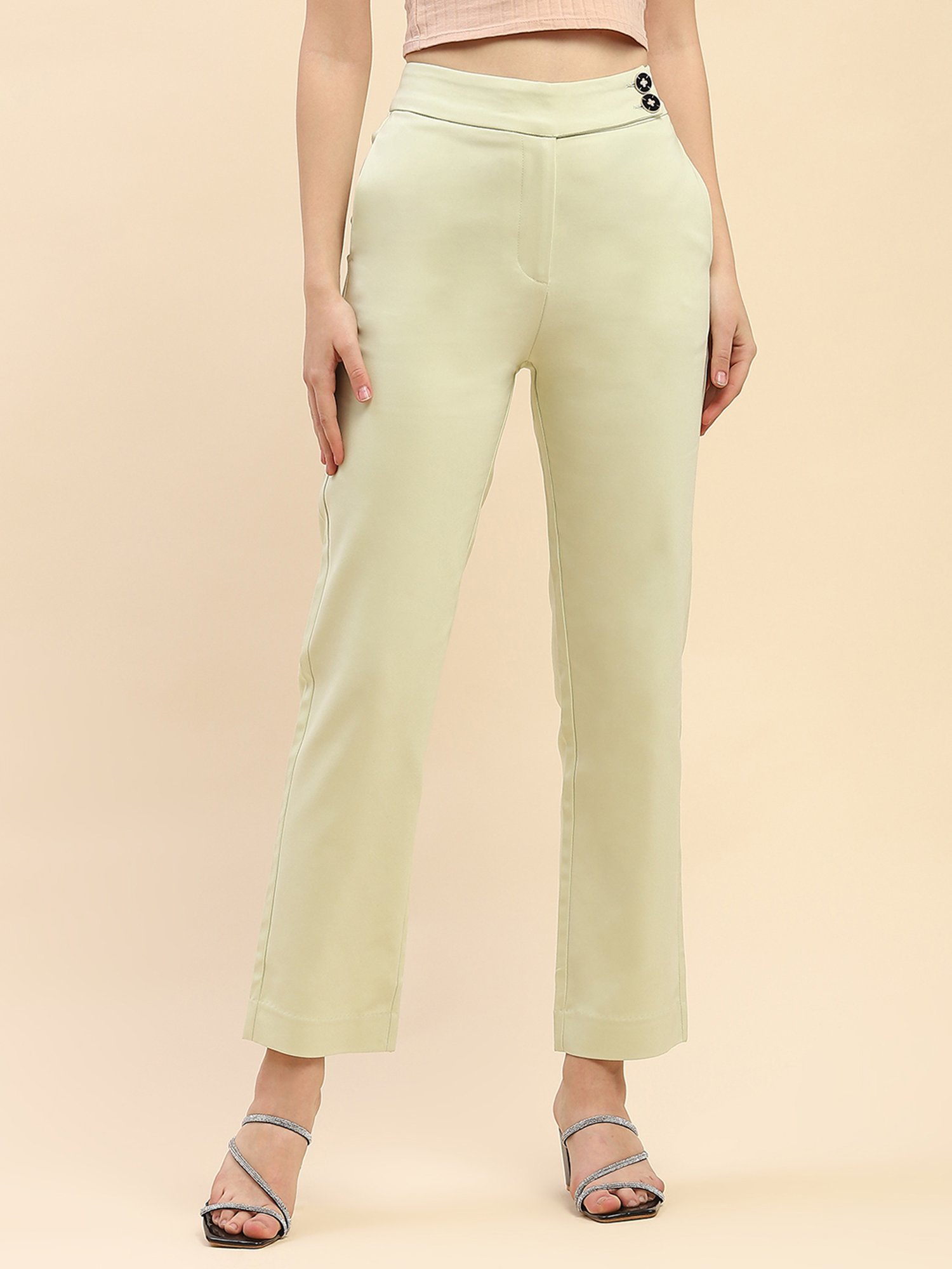 Camla Green Cotton Straight Fit Mid Rise Trousers
