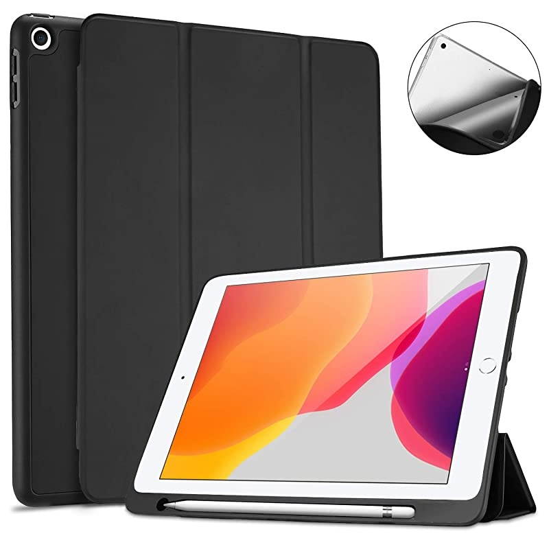 New iPad 10.2 Case (2020 8th Generation / 2019 7th Generation) with Pencil Holder and Flexible Soft TPU Back Cover, Slim Steady Stand Protective Case for 10.2" iPad 8th / iPad 7th -Black