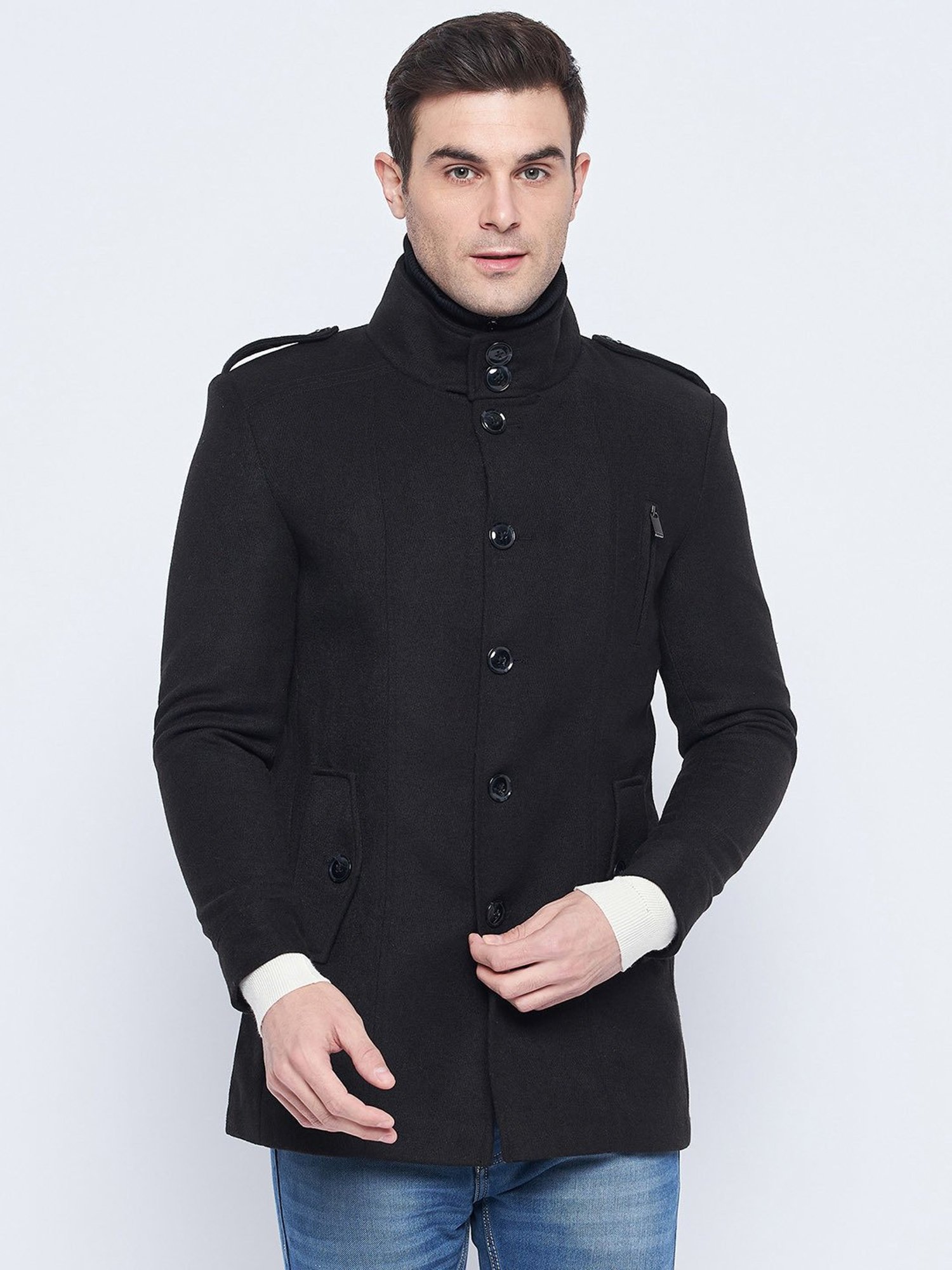 Camla Black Regular Fit Mock Collar Overcoat