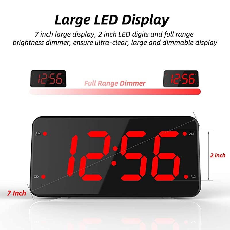Loud Alarm Clock with Bed Shaker, Vibrating Alarm Clock for Heavy Sleepers, Deaf and Hard of Hearing, Dual Alarm Clock with USB Charger, 7-Inch Display, Full Range Dimmer, Battery Backup - Red