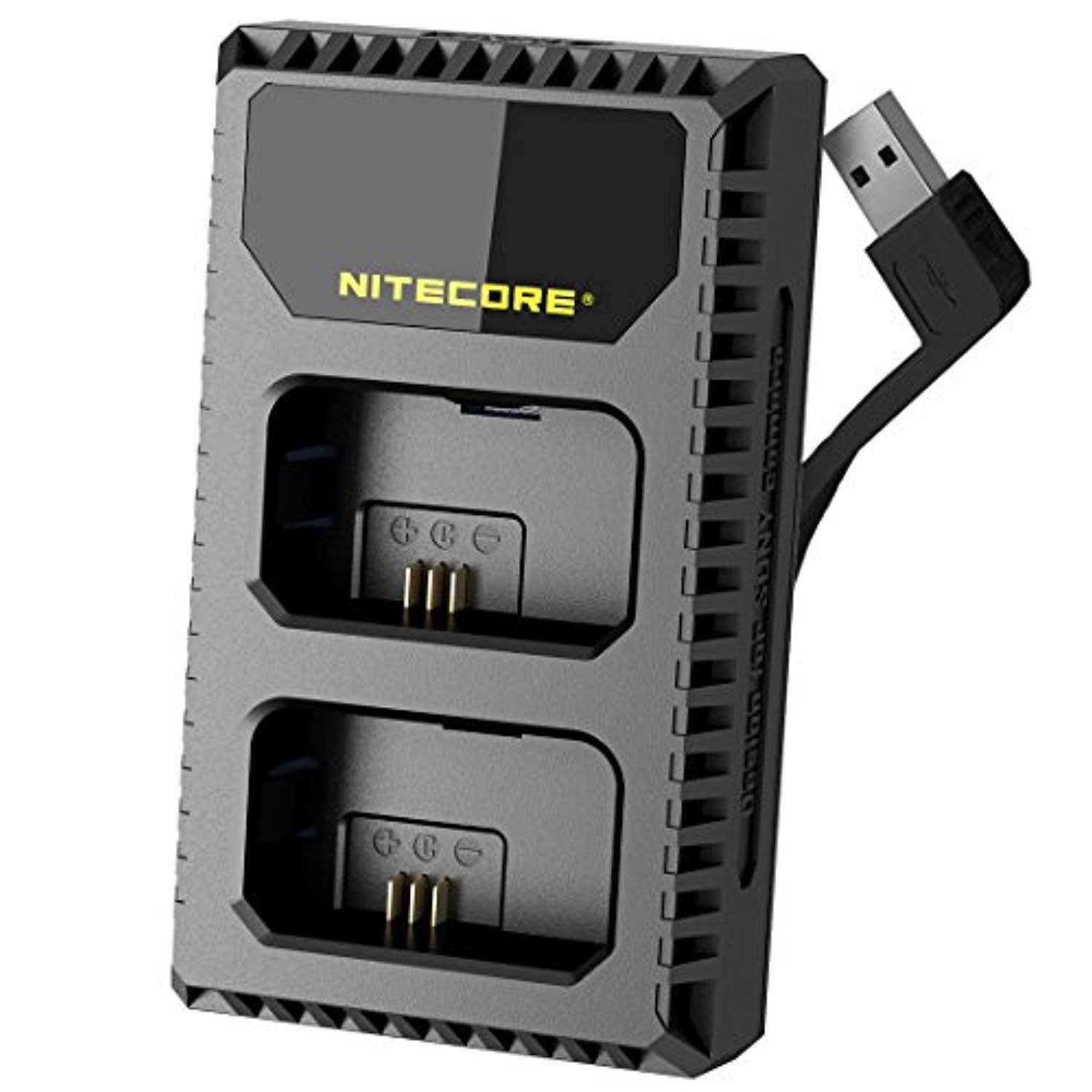 nitecore usn1 digital dual slot travel camera charger for sony npfw50 batteries, compatible with a5000, a5100, a6000, a6300, a6500, a7, a7 ii, a7r. a7r2, a7s, a7s ii, dscrx10s and lumentac adapter