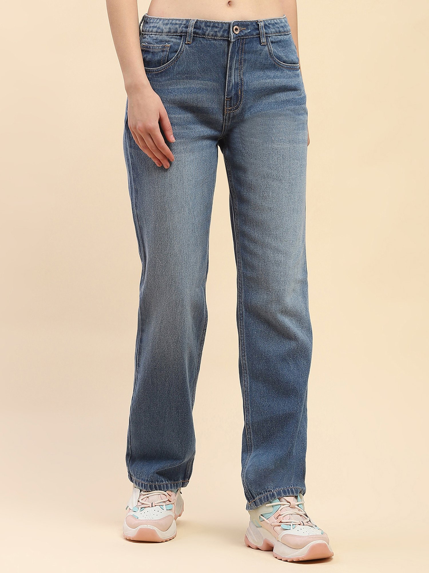 Camla Blue Cotton Straight Fit Mid Rise Jeans