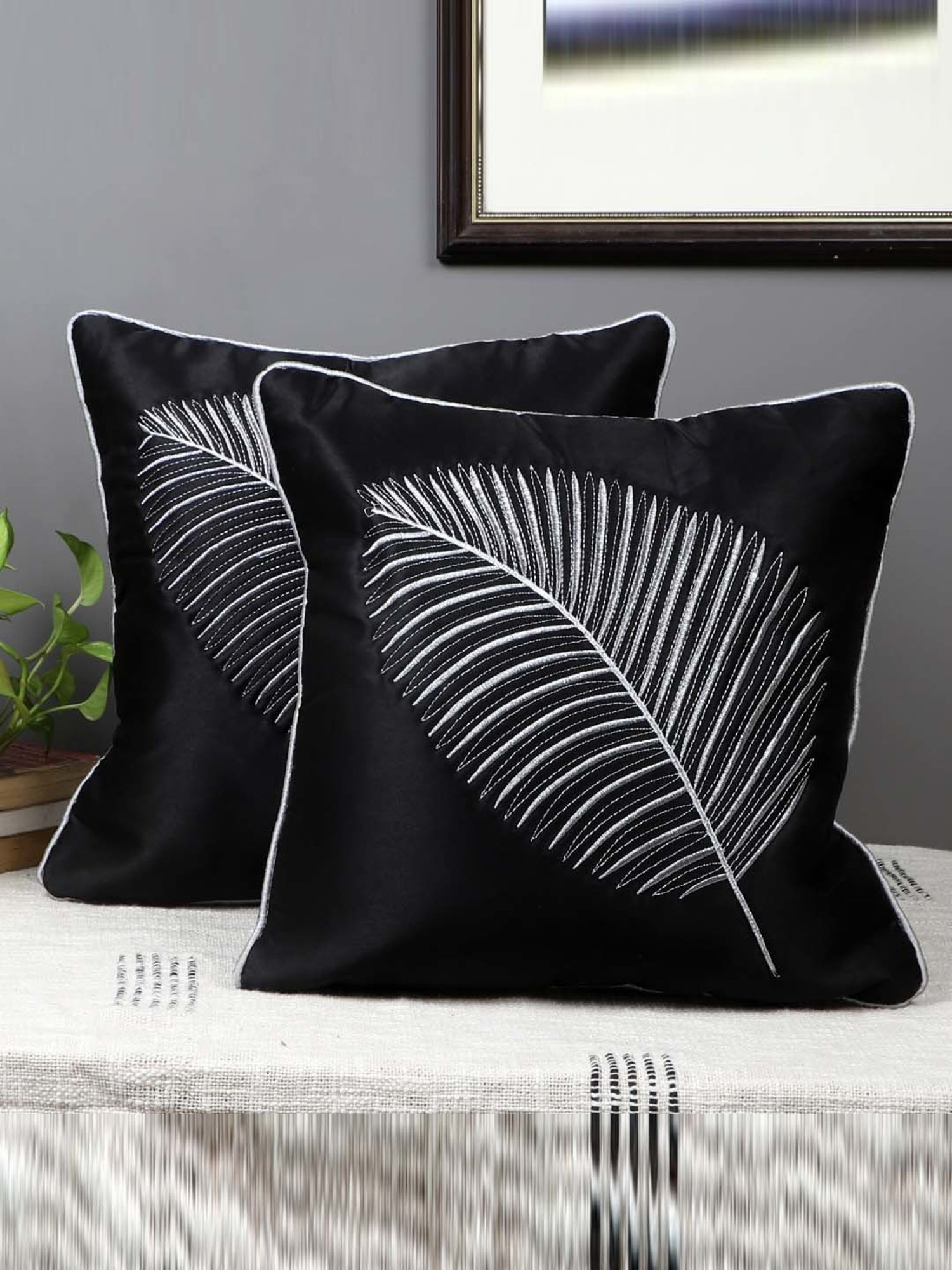 MFD HOME Furnishing Black Satin Cushion Cover - Set of 2