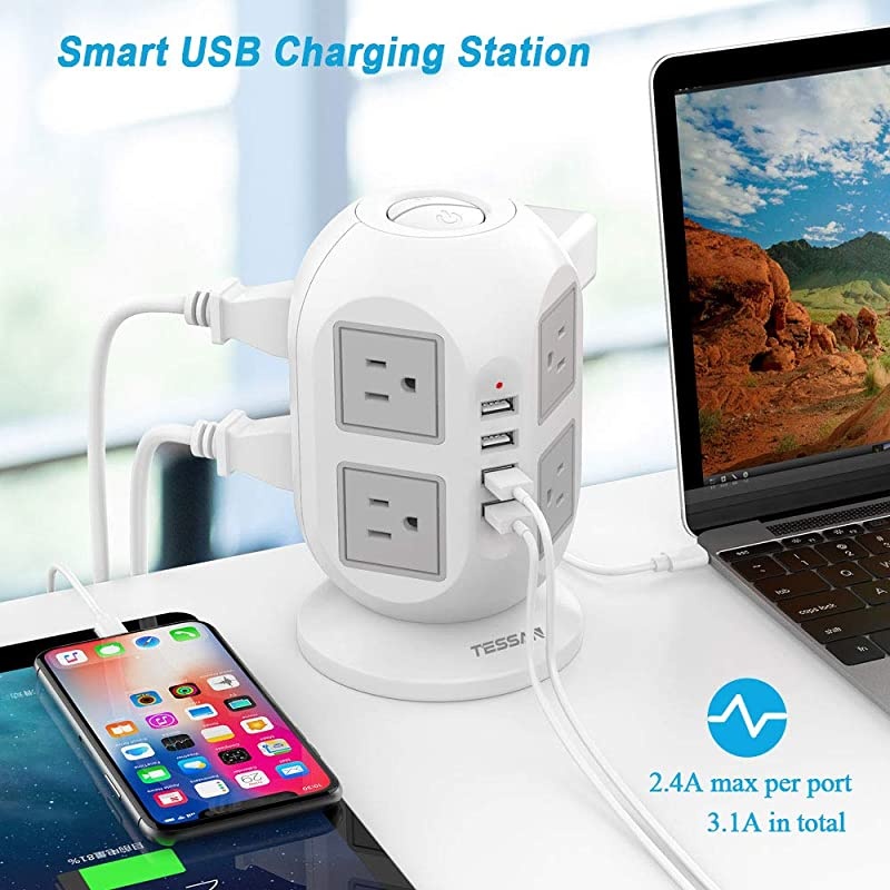 Power Strip Tower  Surge Protector 8 AC Outlets with 4 USB Ports Charging Station Long Extension Cord 10 Feet, Widely Spaced Multi Outlets, Circuit Breaker Safeguard for Home Office Dorm Room