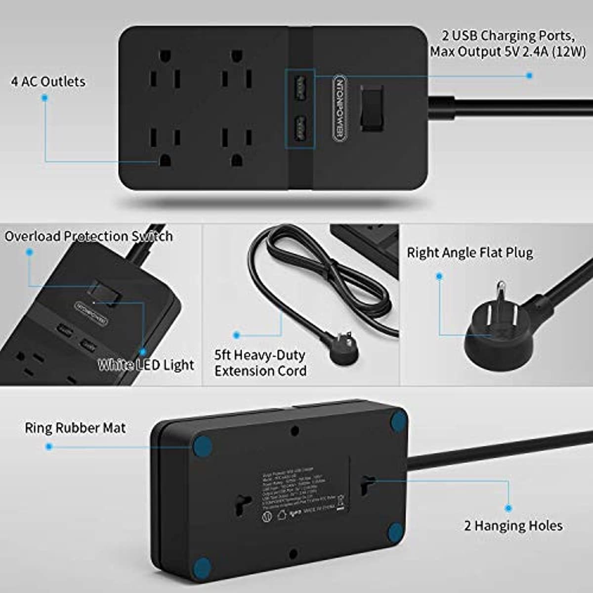 NTONPOWER Power Strip with USB Bundle, 3 Outlets and 4 Outlets 2 USB Compact Power Strip with 5 ft Extension Cord, Right Angle Flat Plug, Wall Mount for Office, Home, Nightstand, Dorm, Black