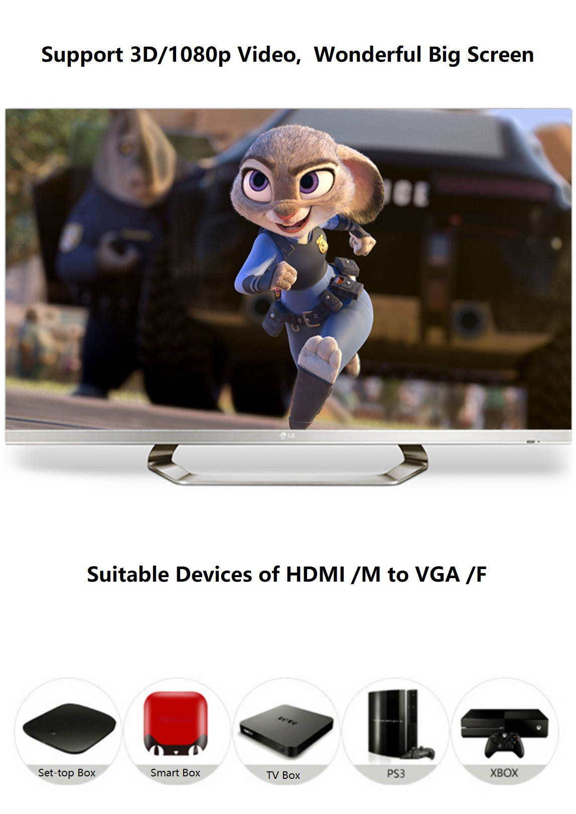 1.8m HDMI to VGA Cable Male To Famale Converter 1080P Video Cable with 3.5mm Audio and USB Power Supply.