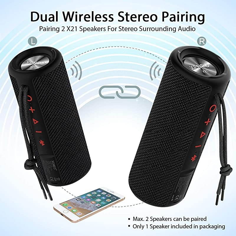 X21 Portable Outdoor Wireless Bluetooth Speaker Waterproof with FM Radio Micro SD Card Slot AUX TWS for Shower Hard Travel Case Included