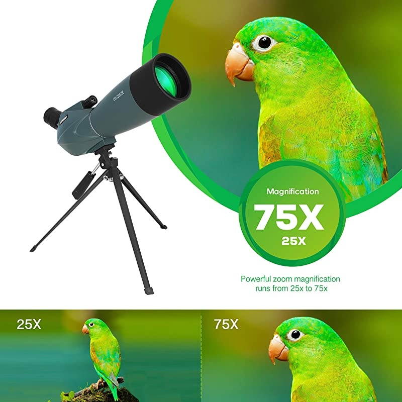 Spotting Scope with Tripod Cell Phone Adapter and Bag 25-75X70 BAK4 Monocular Telescope 45 Degree Angled Spotting Scopes  Shooting Bird Watching