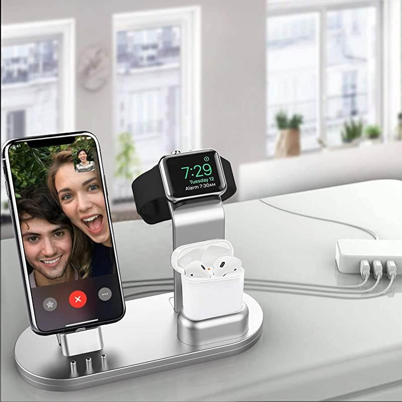 3 in 1 Charging Stand Phone Stand, Compatible with iWatch SE/6/5 /4/3 /2/1, AirPods Pro and Phone Series 12/11/ X /8/7 /6S /5 for The New Type C Cable Silver