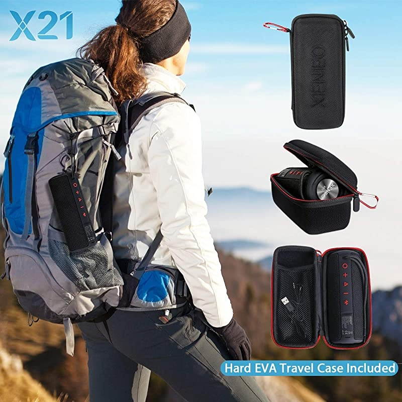 X21 Portable Outdoor Wireless Bluetooth Speaker Waterproof with FM Radio Micro SD Card Slot AUX TWS for Shower Hard Travel Case Included