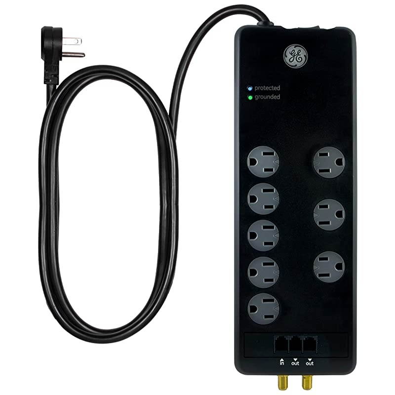 Pro Sur Protector 8 Outlet Power Strip 4ft Extension Cord 3 PhoneDslModem Line Ports 2 CableCoax Ports 3 Extra Wide Adapter Spaced Outlets Flat Plug 2100 Joules Black 14095
