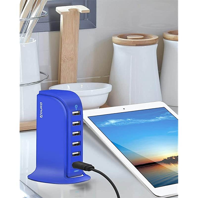 40W 6Port USB Desktop Charging Station Hub Wall Charger for iPhone iPad Tablets Smartphones with Smart Flow Blue