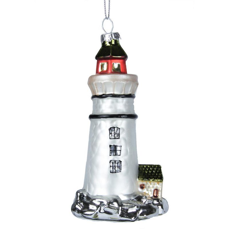 Kurt S. Adler 5" Seaside Escape Silver, White and Black Lighthouse Glass Christmas Ornament