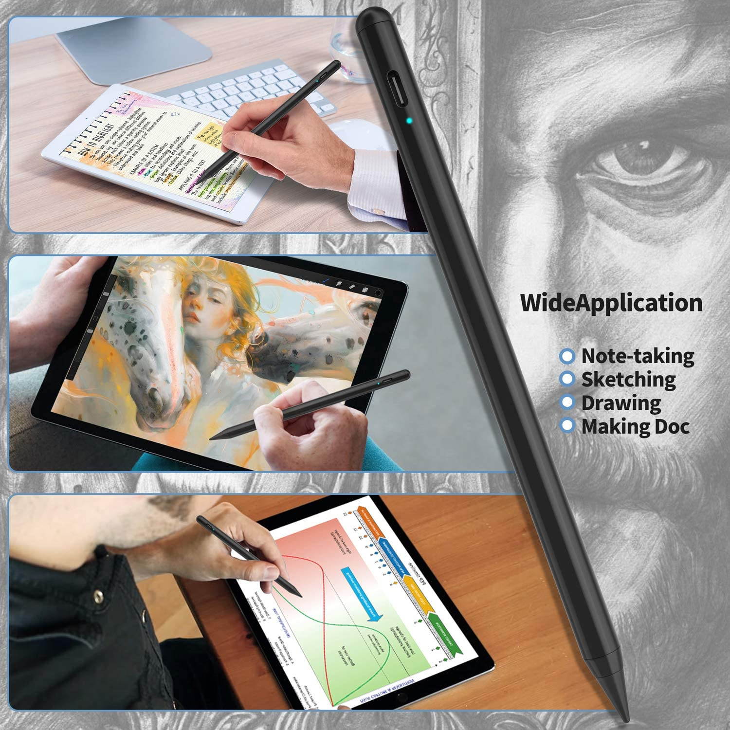 Stylus Pen 3rd Gen with Palm Rejection for Apple iPad 2018-2020, MPIO Smooth Fine Tip, High Precision iPad Pencil for iPad (6th/7th)/Air(3rd)/Mini(5th)/Pro 11(1st/2nd)/Pro 12.9(3rd/4th) (Black 3rd)