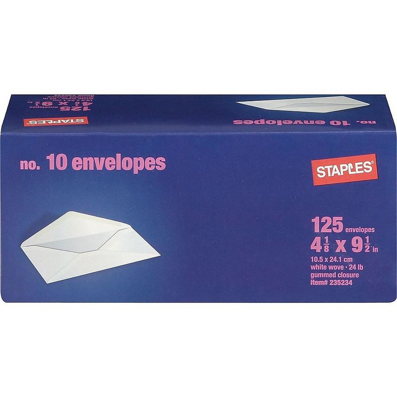 Staples Gummed White Wove #10 Std Business Envelopes 4 1/8"x9.5" White 125/BX 235234