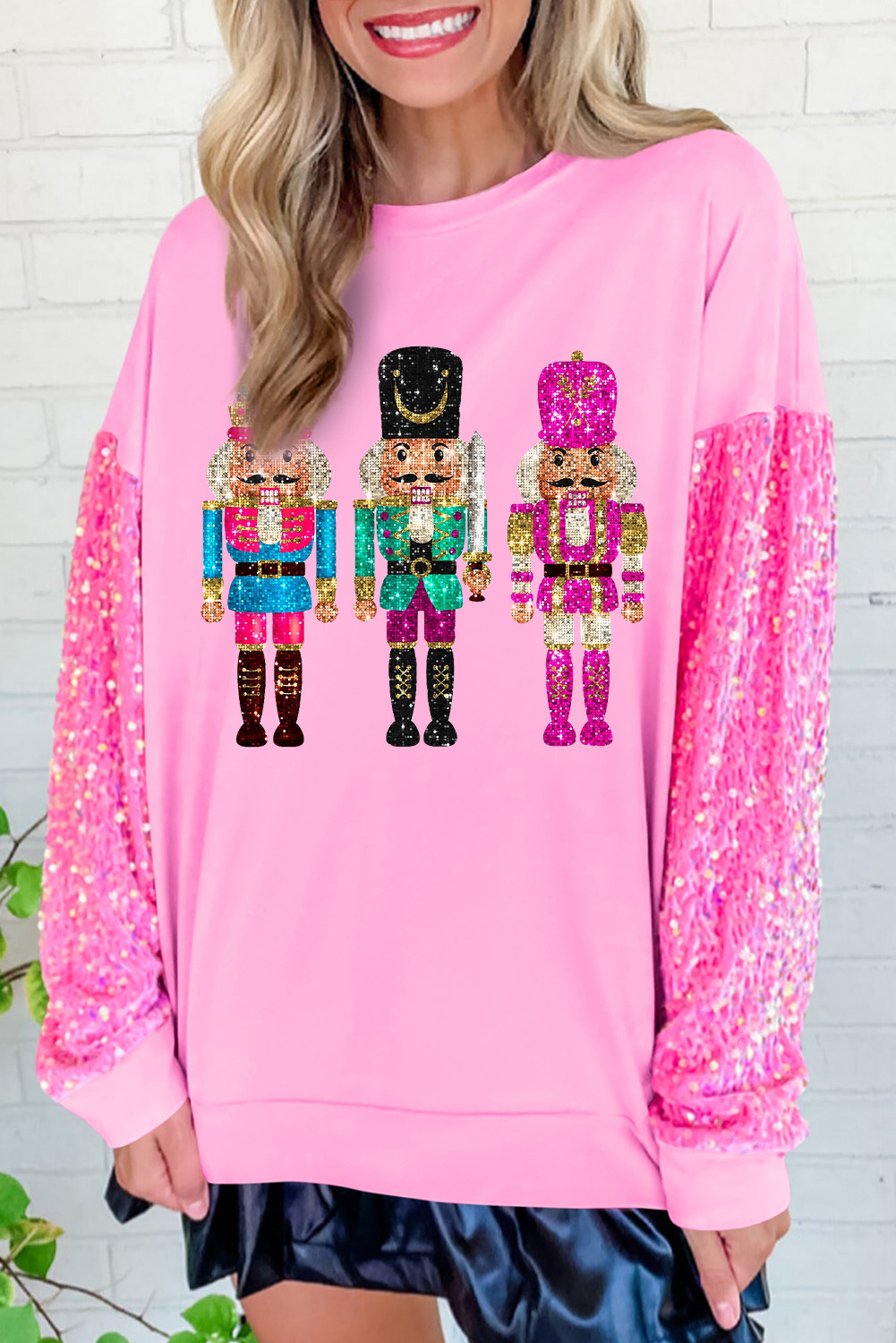 Pink Nutcracker Graphic Christmas Sequin Sleeve Drop Shoulder Sweatshirt