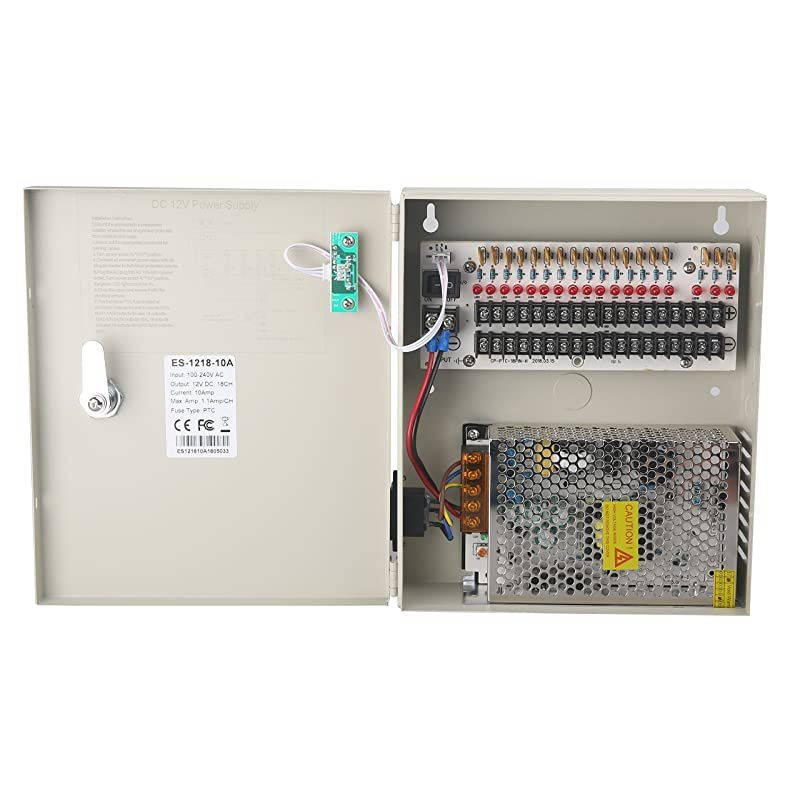 18 Channel DC12V 20 Amp Reset Fuse CCTV DC Distributed Power Box with AC Plug and Lock for Security Cameras, DVRs, CCTV Power Supply