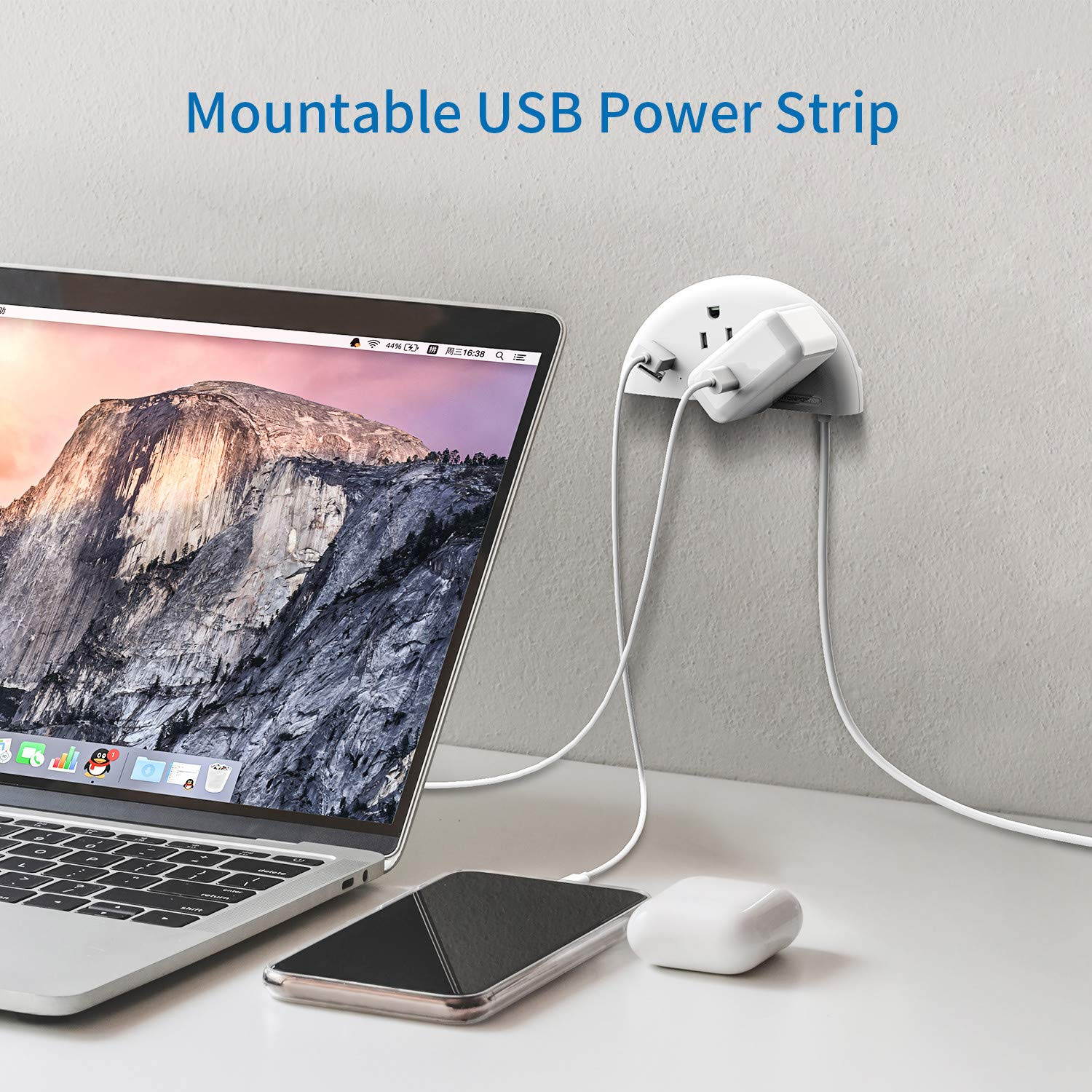 Power Strip Long Cord, with USB/Flat Plug/ 10ft Extension Cord, Mountable Portable Non Surge Protector for Home and Travel, 2 AC Outlets Semicircle - White