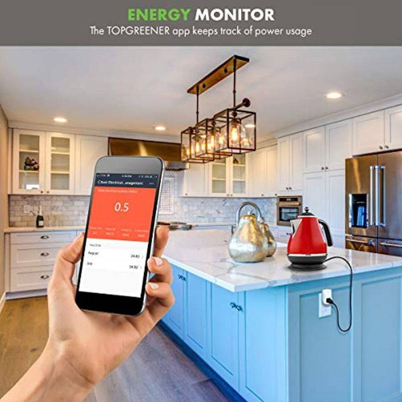 TOPGREENER Smart Wi-Fi Powerful Plug with Energy Monitoring, Smart Outlet, 15A, 1800W, No Hub Required, Works with Alexa and Google Assistant, 4 Pack