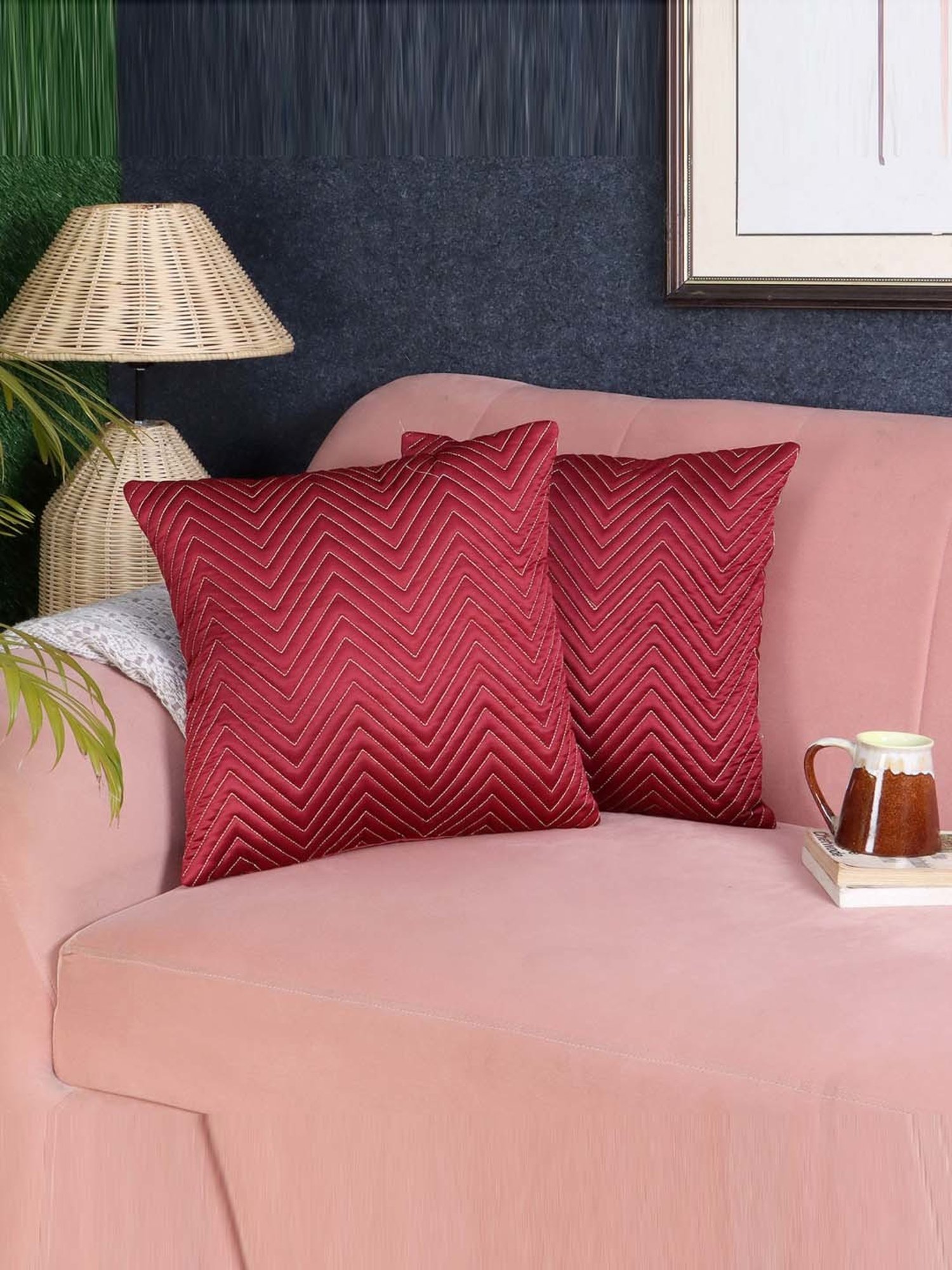 MFD HOME Furnishing Maroon Satin Cushion Cover - Set of 2