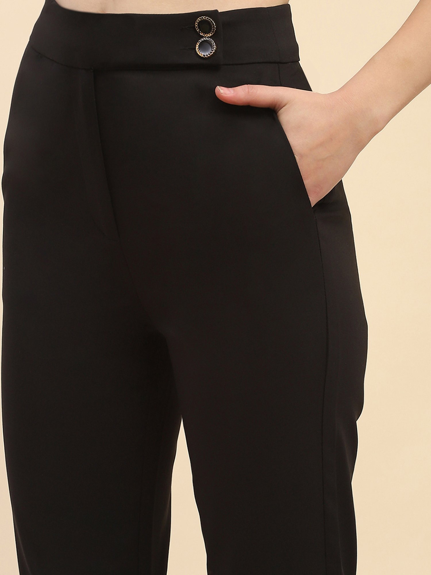 Camla Black Cotton Straight Fit Mid Rise Trousers