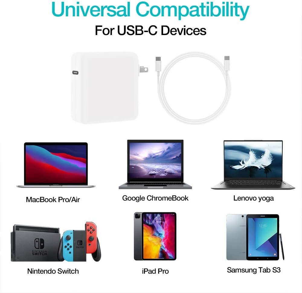 Mac Book Pro Charger USB C Power Adapter 61W, PD Mac Book Air Charger, Compatible 61W, 45W, 36W, 27W,12W for Mac Book Pro/Air, i-Pad Pro 12.9'', 11'',Switch, More Type C Devices,6.6ft USB C Cable