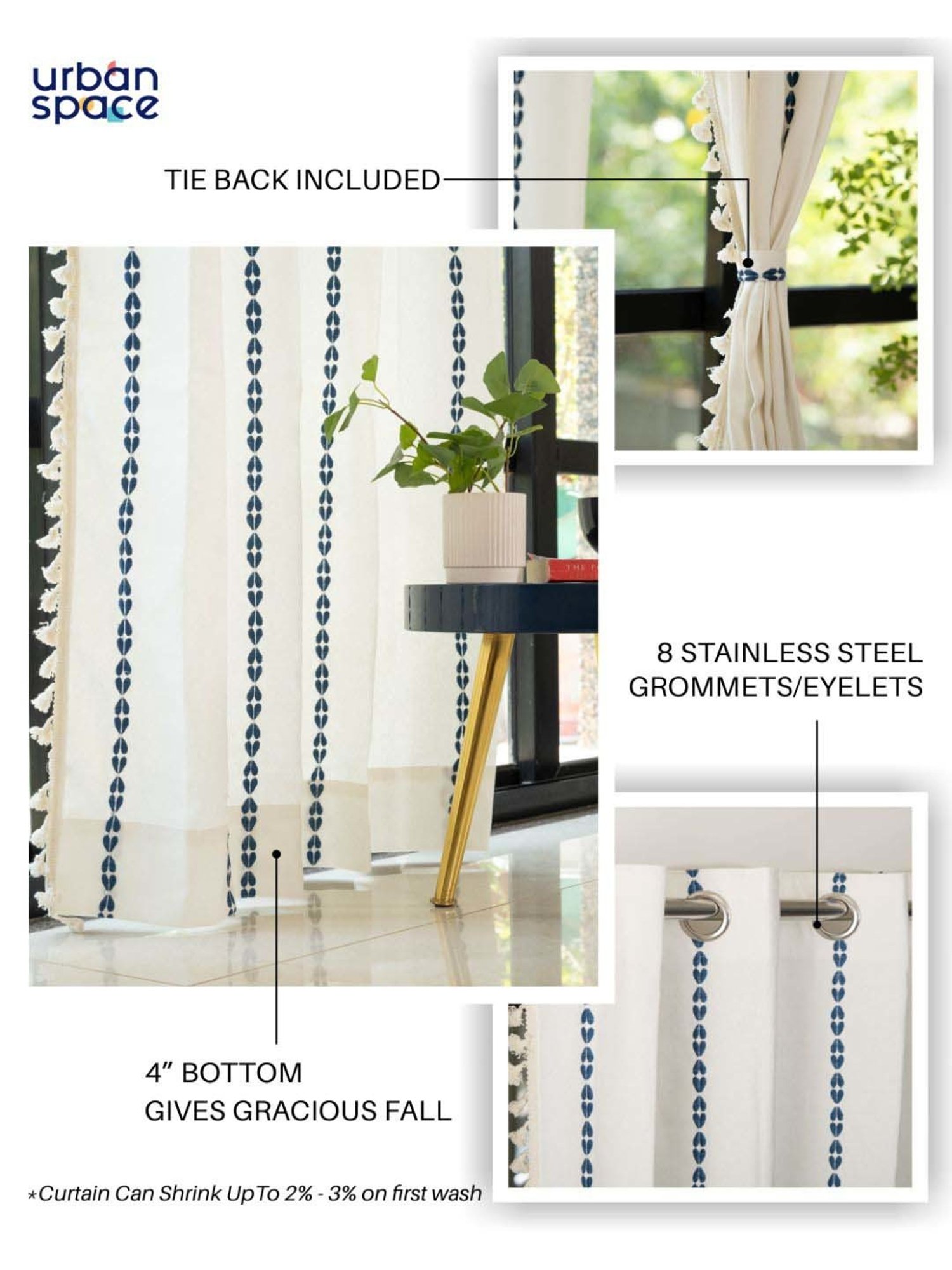 Urban Space Vintage Braid Indigo Cotton Embroidered Door Curtain