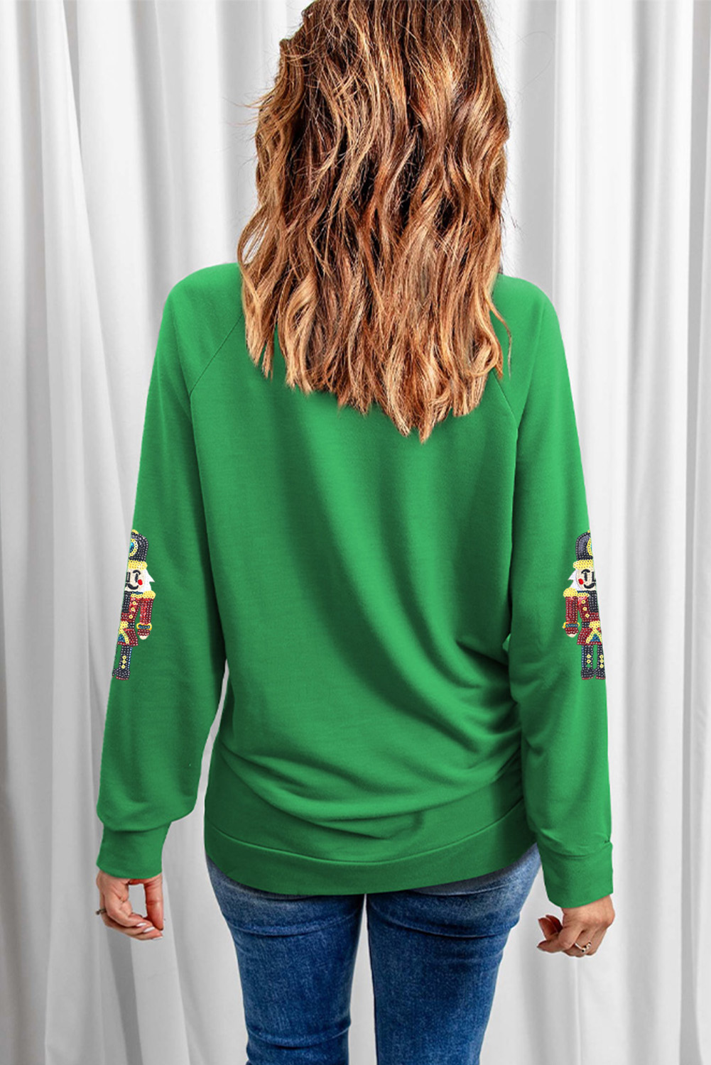 Green Sequin Nutcracker Patched Pattern Raglan Sleeve Christmas Sweatshirt