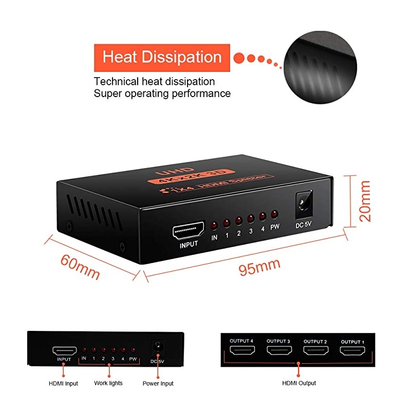 HDMI Splitter 1 in 4 Out V1.4b Powered Hdmi Video Splitter with AC Adaptor Duplicate/Mirror Screen Monitor Supports Ultra HD 1080P 2K and 3D Resolutions