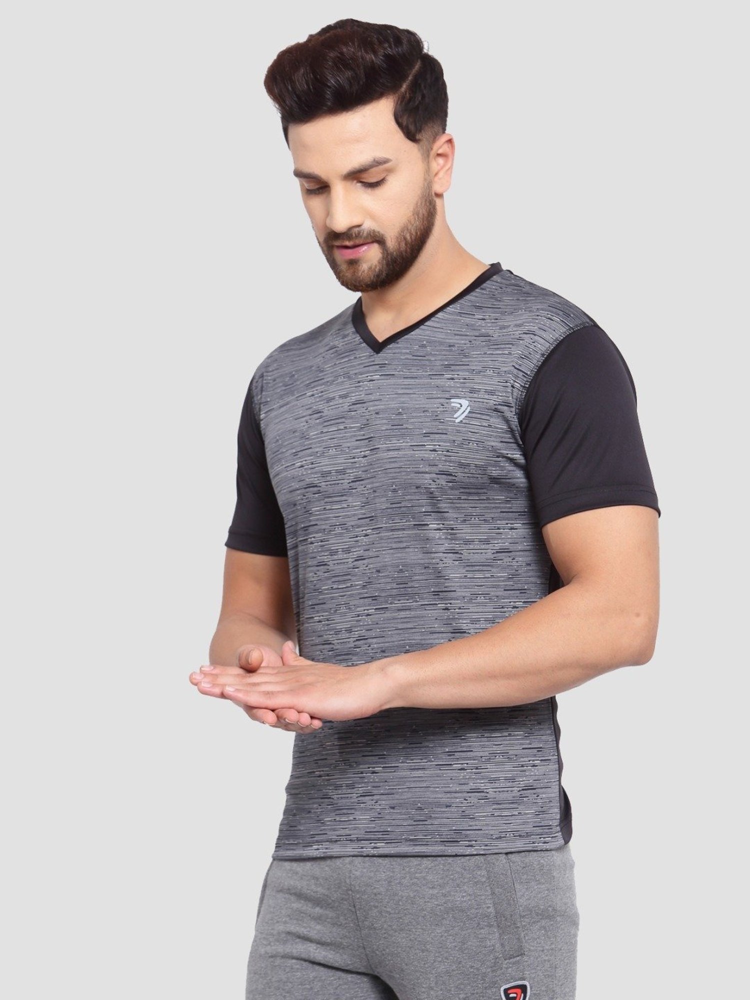 Sporto Mid Black Regular Fit Self Pattern Sports T-Shirt