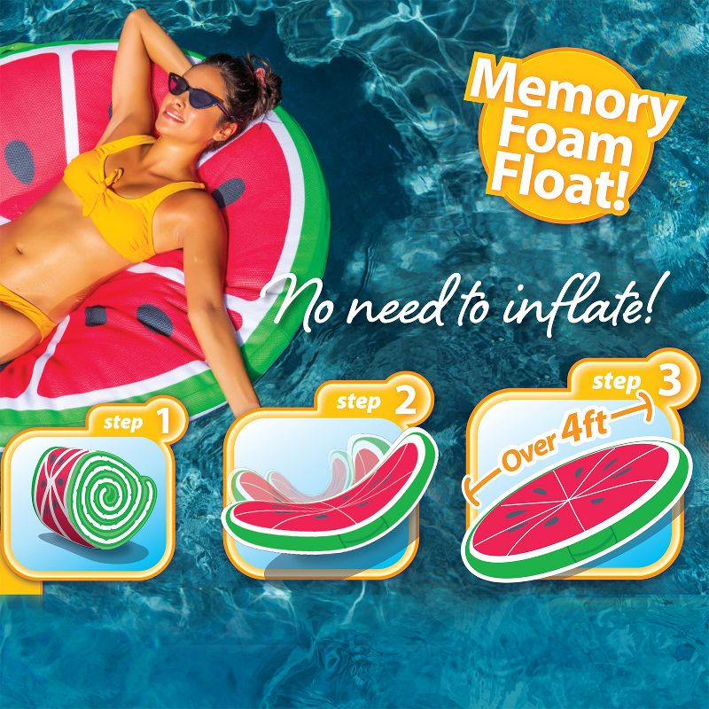 COMFY FLOATS Soft Mesh Self-Inflating Expanding Memory Foam Sun Disc Pool Float with Protective Vinyl Layer, Watermelon Design