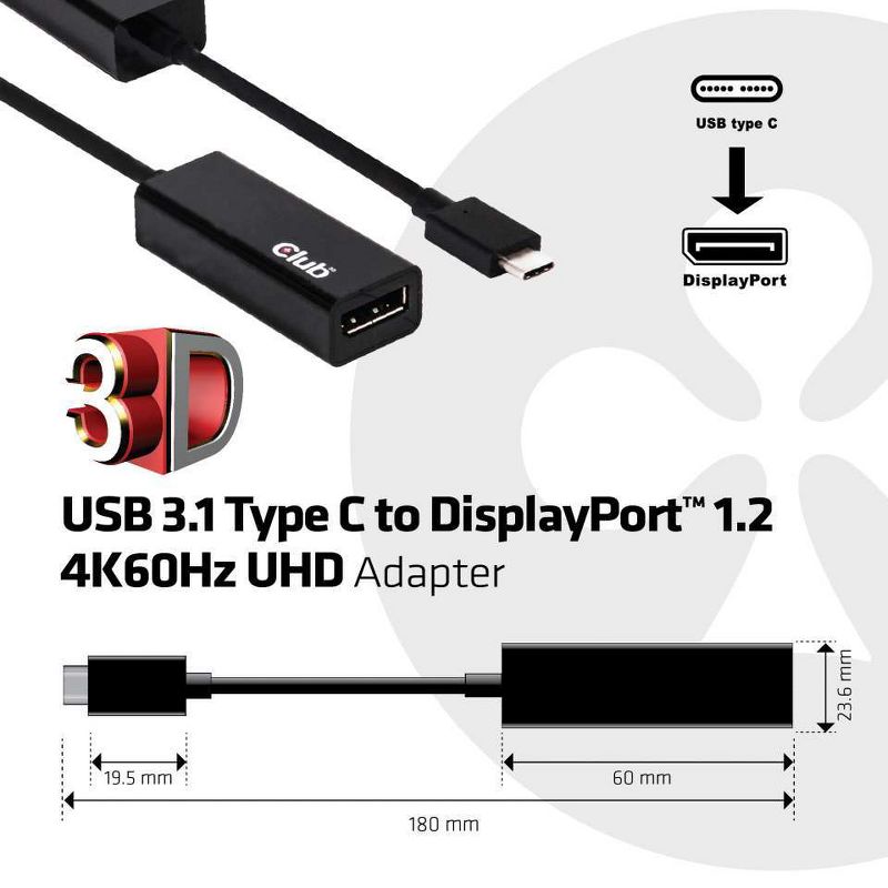 Club 3D USB 3.1 Type-C to DisplayPort 1.2 4K60Hz UHD Adapter