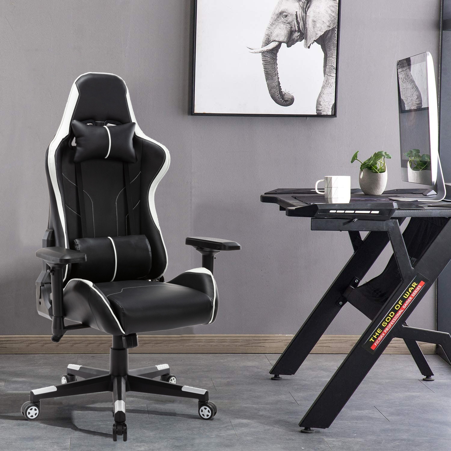 Gaming Chair Ergonomic PU Leather Office Chair High Back Computer Chair Adjustable Back Desk Chair with Adjustable Armrests Headrest and Lumbar Support