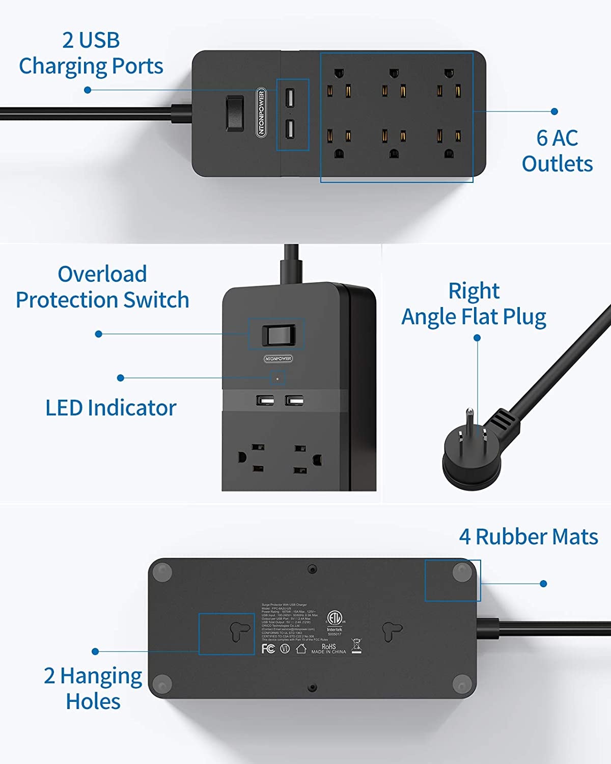 Surge Protector Power Strip with USB - NTONPOWER Flat Plug Extension Cord 5FT, 6 Outlets 2 USB Desktop Charging Station, ETL Listed, 15A Circuit Breaker, Wall Mount for for Home and Office - Black
