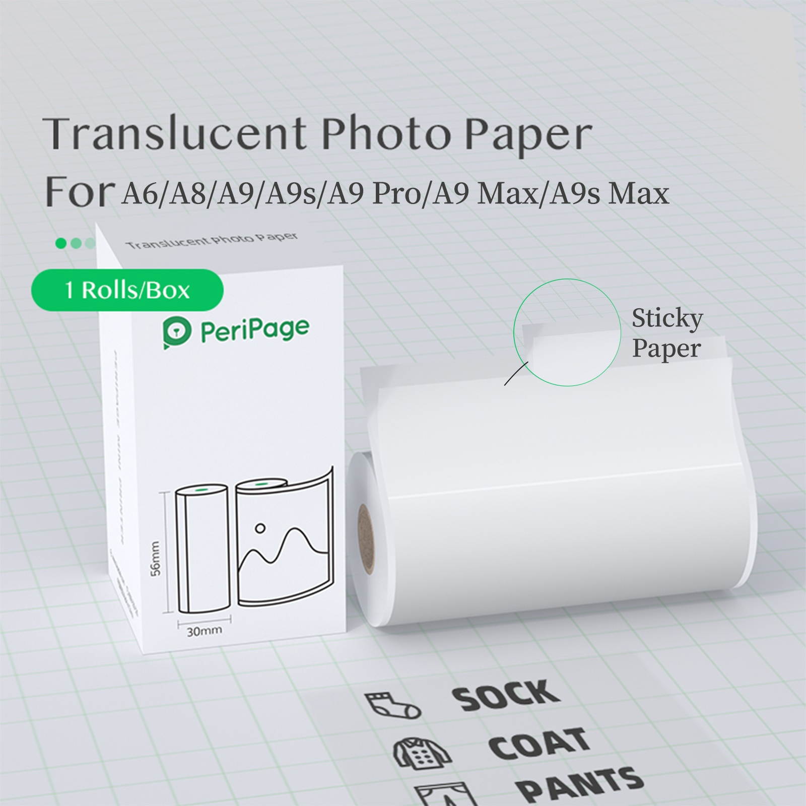 PeriPage 56 x 30mm Translucent Photo Sticker BPA-Free Adhesive Thermal Paper Roll Sticky Paper Waterproof Oil-proof Friction-proof for PeriPage A6/A8/A9/A9s/A9 Pro/A9 Max/A9s Max Mini BT Pocket