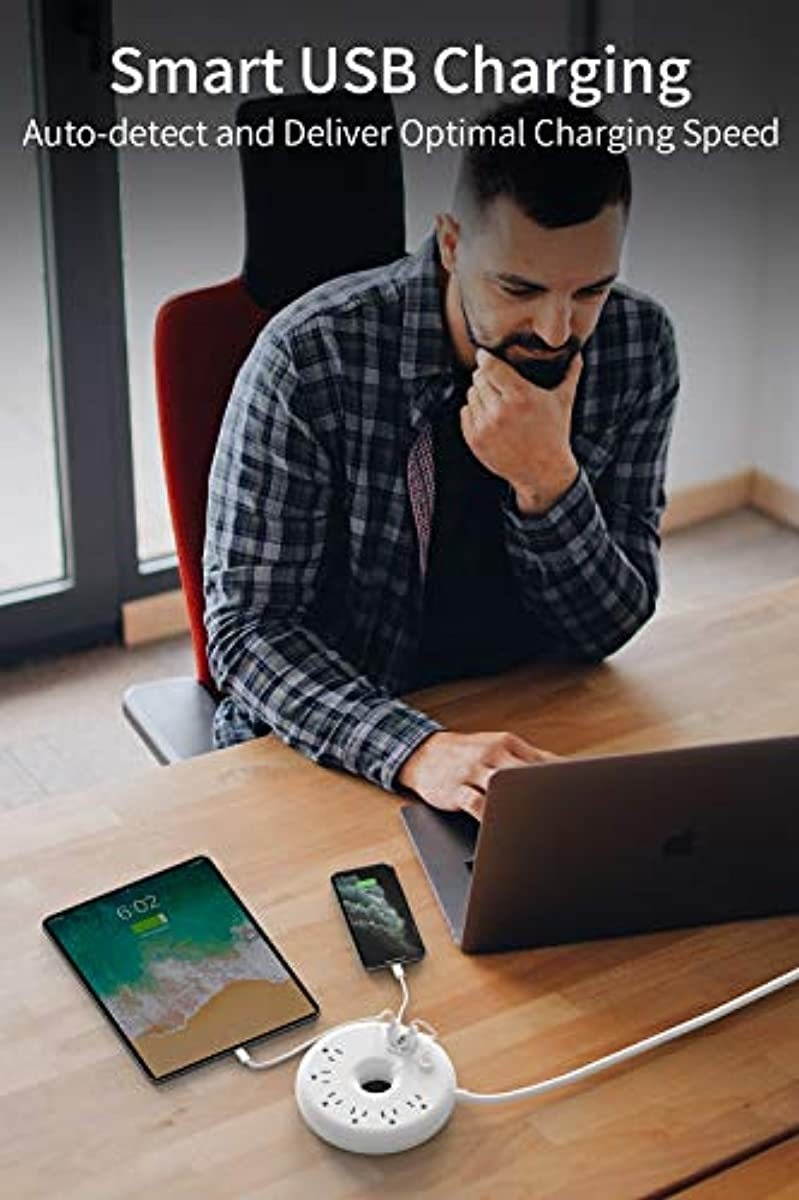 Power Strip with USB, NTONPOWER Flat Plug Power Strip, 6 Outlets & 3 USB Ports, 6 ft Extension Cord, Wall Mount, Desktop Charging Station for Home, Dorm Room, Office and Nightstand-White