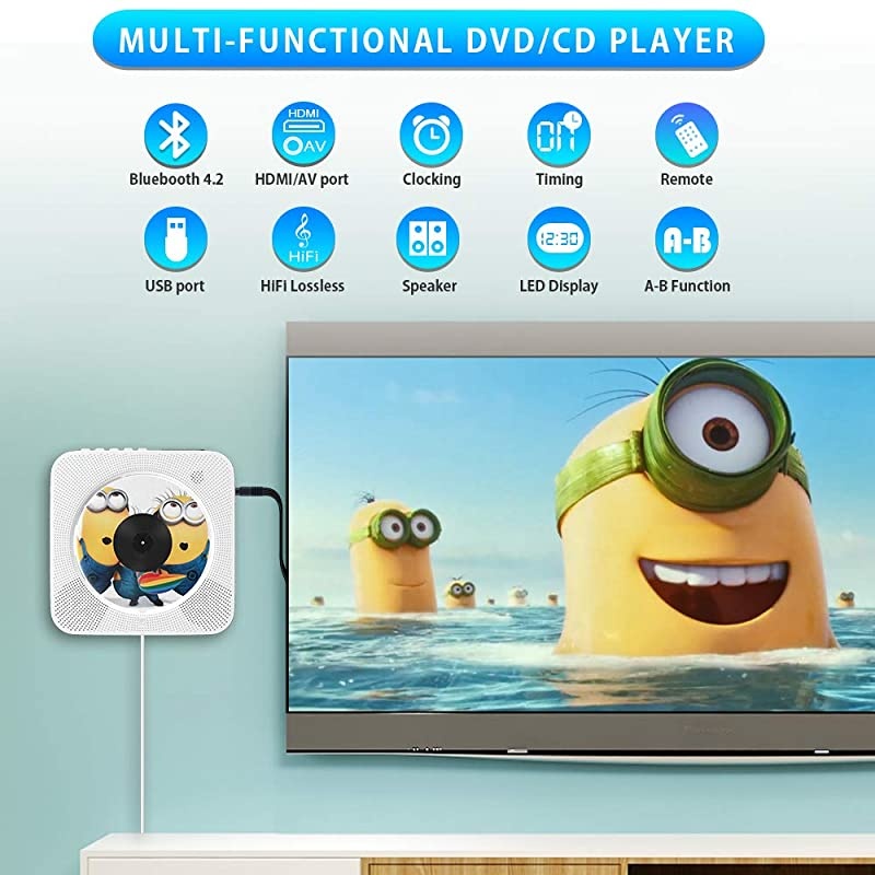 CD/DVD Player with Bluetooth,Wall Mountable CD DVD Player HDMI Built-in HiFi Speaker with Remote Control,Music CD Player,FM Radio,USB Playing for Home (White)