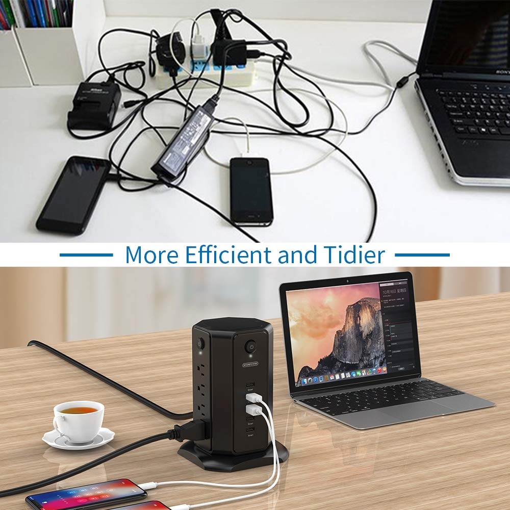 NTONPOWER Surge Protector Power Strip Tower, Flat Plug Desktop Charging Station, Individual Switches, 8 Outlets with 5 USB Charger, 6ft Heavy Duty Extension Cord for Home Office Dorm Essential
