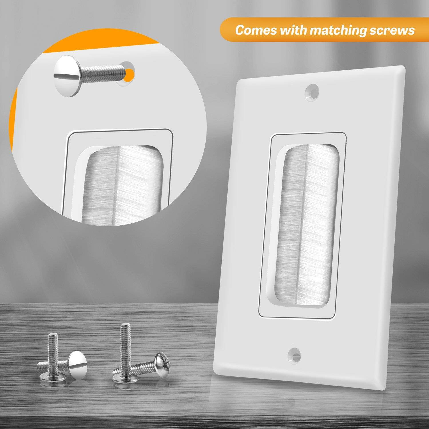 TG8891 1-Gang Brush Wall Plate Multimedia Bristled Pass-Through Insert with Decorator Wall Plate for Media Cables, Standard Size, White (6 Pack)